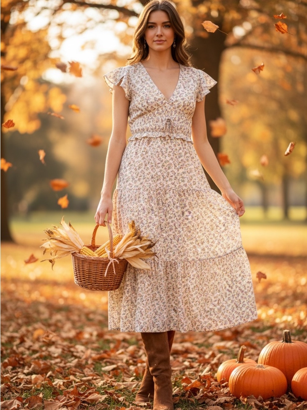 Boho Floral Tiered Maxi Dress V-Neck Smocked Waist Cream SzM Perfect for Fall!